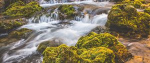 Превью обои водопад, мох, камни, течение
