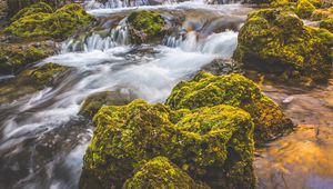 Превью обои водопад, мох, камни, течение