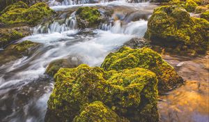 Превью обои водопад, мох, камни, течение