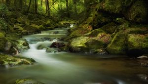 Превью обои водопад, мох, камни, скалы, мрачно