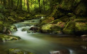 Превью обои водопад, мох, камни, скалы, мрачно