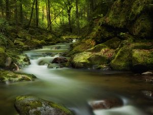 Превью обои водопад, мох, камни, скалы, мрачно