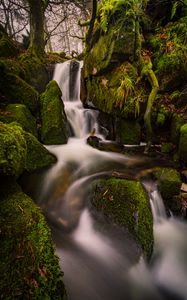 Превью обои водопад, мох, камни, пейзаж, деревья