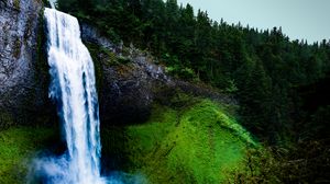 Превью обои водопад, мох, скала