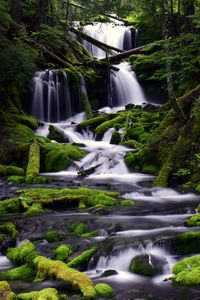 Превью обои водопад, мох, вода, поток, деревья