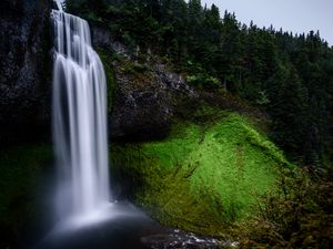 Превью обои водопад, мох, возвышенность, деревья