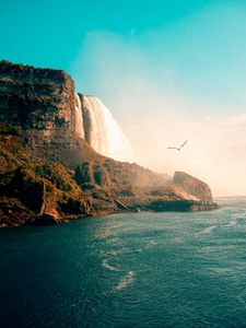 Превью обои водопад, море, скалы, птицы, побережье