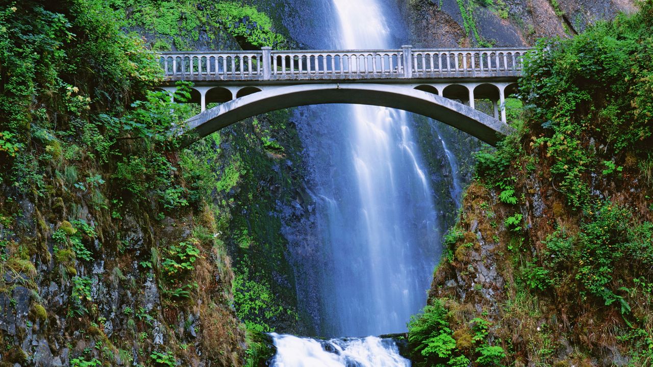 Обои водопад, мост, скалы, растительность, листья, влажность, пейзаж