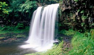 Превью обои водопад, национальный парк, скалы, папоротник, растительность, южный уэльс