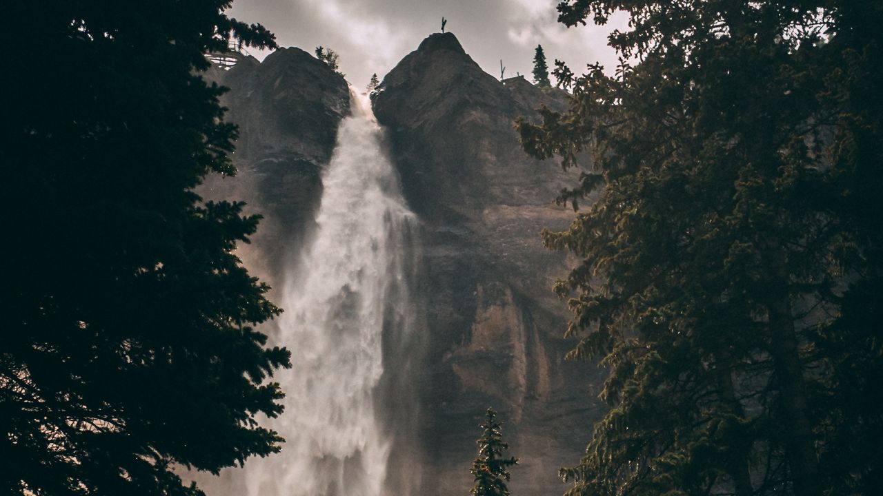 Обои водопад, обрыв, деревья, вода, скала