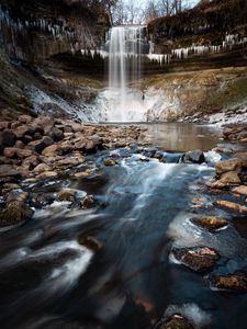 Превью обои водопад, обрыв, камни, вода, лед