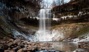 Превью обои водопад, обрыв, камни, вода, лед