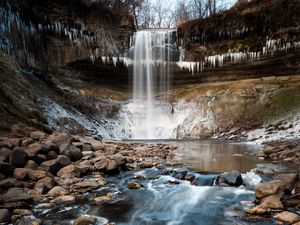 Превью обои водопад, обрыв, камни, вода, лед