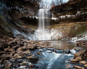 Превью обои водопад, обрыв, камни, вода, лед
