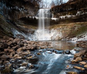 Превью обои водопад, обрыв, камни, вода, лед