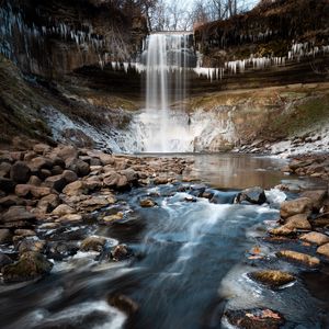 Превью обои водопад, обрыв, камни, вода, лед