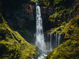 Превью обои водопад, обрыв, скалы, камни, мох