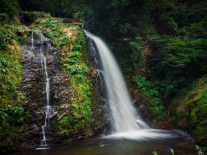 Превью обои водопад, обрыв, скалы, деревья, пейзаж