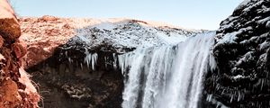 Превью обои водопад, обрыв, скалы, снег, лед, замерзший