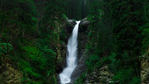 Превью обои водопад, обрыв, течение, деревья, камни