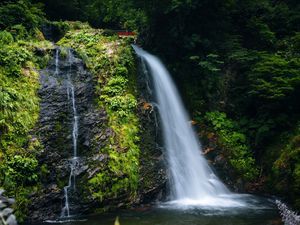 Превью обои водопад, обрыв, трава, пейзаж, природа