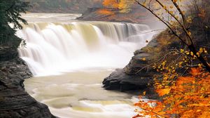Превью обои водопад, осень, листья, течение