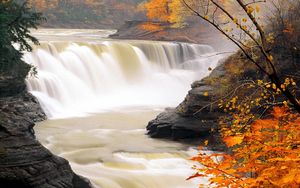 Превью обои водопад, осень, листья, течение