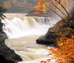 Превью обои водопад, осень, листья, течение