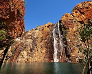 Превью обои водопад, пальмы, скалы, обрыв, яркие, день