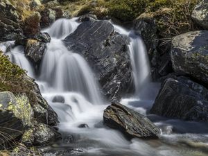 Превью обои водопад, пейзаж, камни, природа, длинная выдержка