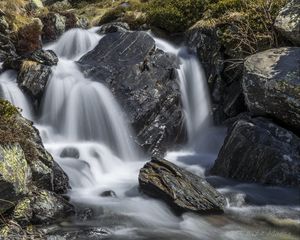 Превью обои водопад, пейзаж, камни, природа, длинная выдержка