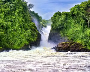 Превью обои водопад, пейзаж, природа, деревья, скалы