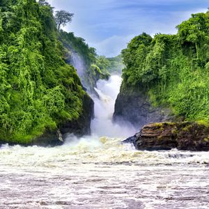 Превью обои водопад, пейзаж, природа, деревья, скалы