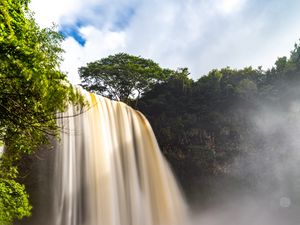 Превью обои водопад, поток, деревья, ветки, вода, камни