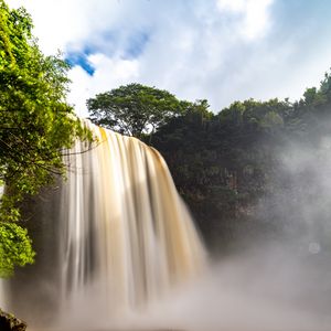 Превью обои водопад, поток, деревья, ветки, вода, камни