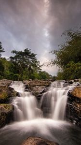 Превью обои водопад, поток, деревья, кусты, камни