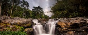 Превью обои водопад, поток, деревья, кусты, камни