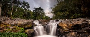 Превью обои водопад, поток, деревья, кусты, камни