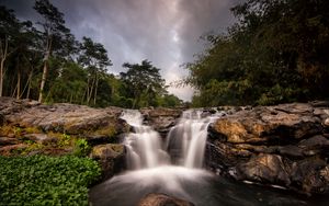 Превью обои водопад, поток, деревья, кусты, камни