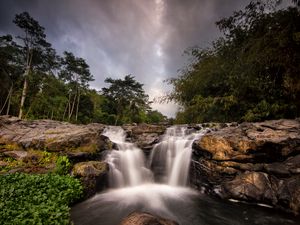 Превью обои водопад, поток, деревья, кусты, камни