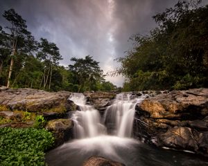 Превью обои водопад, поток, деревья, кусты, камни