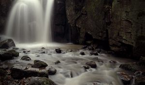 Превью обои водопад, поток, камни, глыбы