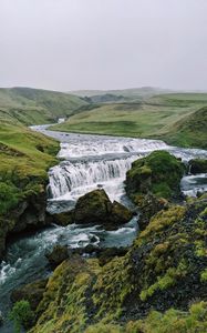 Превью обои водопад, поток, камни, даль