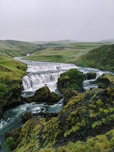 Превью обои водопад, поток, камни, даль