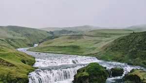 Превью обои водопад, поток, камни, даль