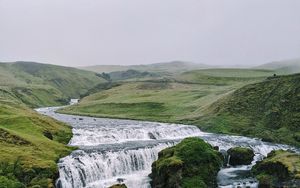 Превью обои водопад, поток, камни, даль