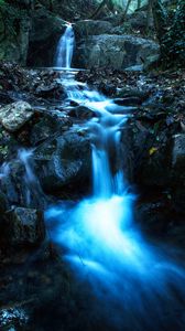 Превью обои водопад, поток, камни, сумерки