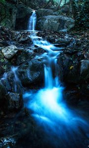 Превью обои водопад, поток, камни, сумерки