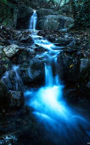 Превью обои водопад, поток, камни, сумерки