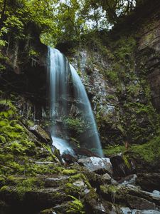 Превью обои водопад, поток, камни, мох, папоротник